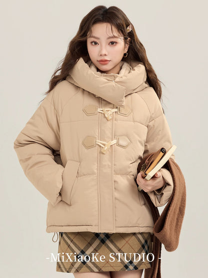 Mi Xiaoke khaki horn button cotton-padded coat, down jacket, women's winter thickened warm hooded puffer jacket
