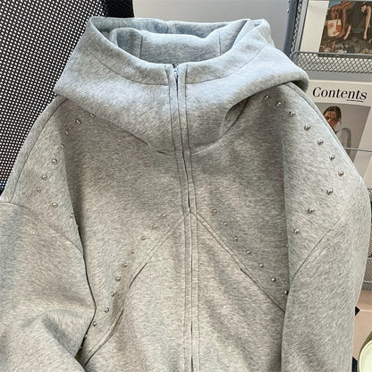 National tide American Doberman rivet hoodie sweatshirt women's spring and autumn Hong Kong style retro hiphop gray jacket top