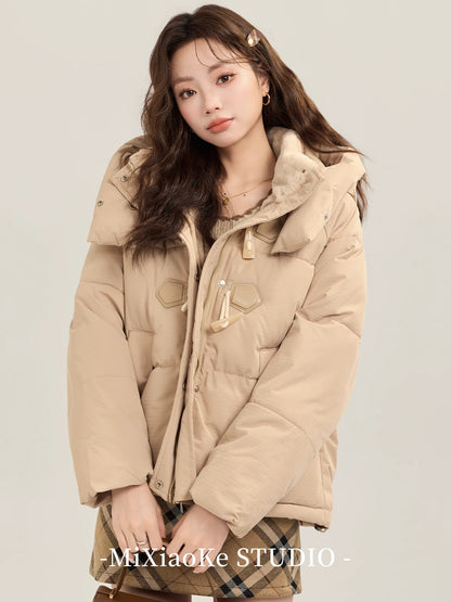 Mi Xiaoke khaki horn button cotton-padded coat, down jacket, women's winter thickened warm hooded puffer jacket