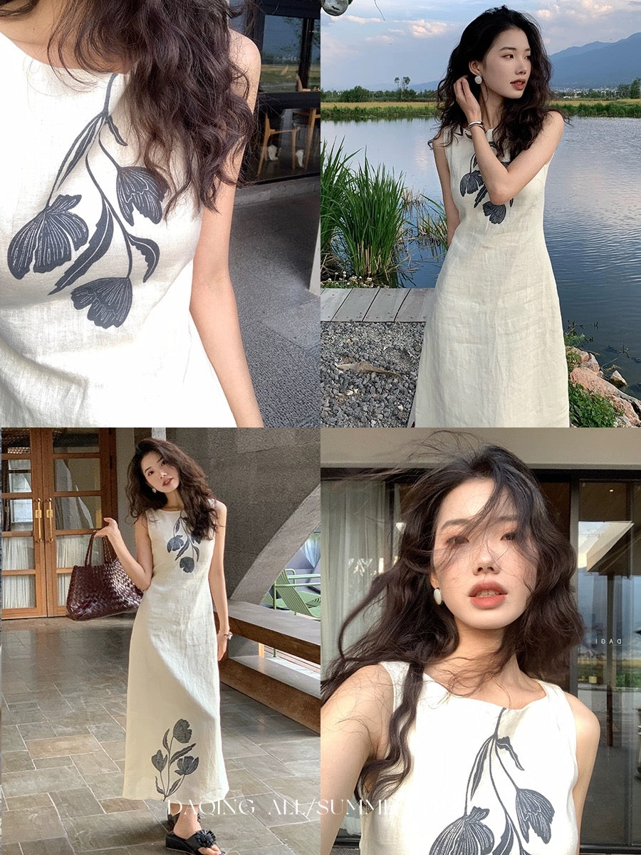 Xu Daqing [Shunhua] Retro Lazy Linen Printed Vacation Outing Vest High Waisted Versatile Dress Top