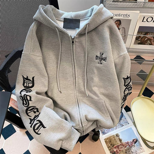 National trend gray waffle hooded cardigan sweatshirt women's spring and autumn American Gothic letter embroidery heavy couple jacket