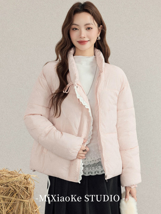 Mi Xiaoke's sweet style stand-up collar lace patchwork cotton coat for women, 2025 autumn and winter new loose warm cotton coat, pink coat.