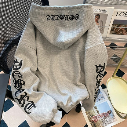National trend gray waffle hooded cardigan sweatshirt women's spring and autumn American Gothic letter embroidery heavy couple jacket