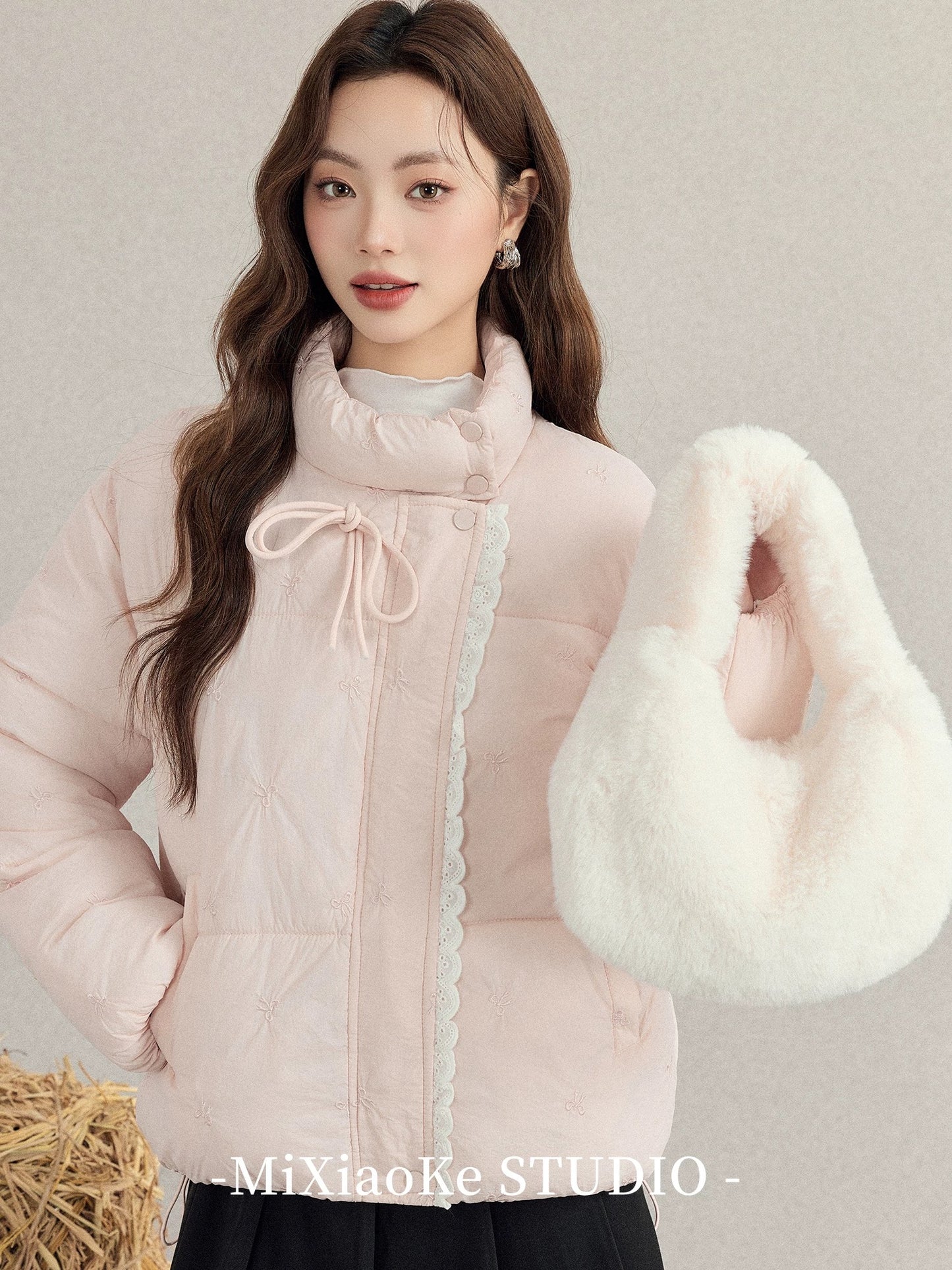 Mi Xiaoke's sweet style stand-up collar lace patchwork cotton coat for women, 2025 autumn and winter new loose warm cotton coat, pink coat.