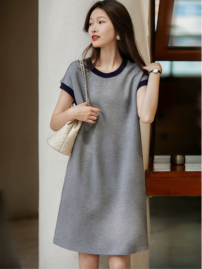 [QZQ780501MG] Xiaohange Lazy Style Sleeveless Gray Bottom Blue Twill Round Neck Dress for Women