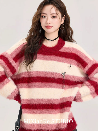 Mi Xiaoke's Christmas outfit: Red striped faux mink sweater, women's autumn and winter style, loose knit top