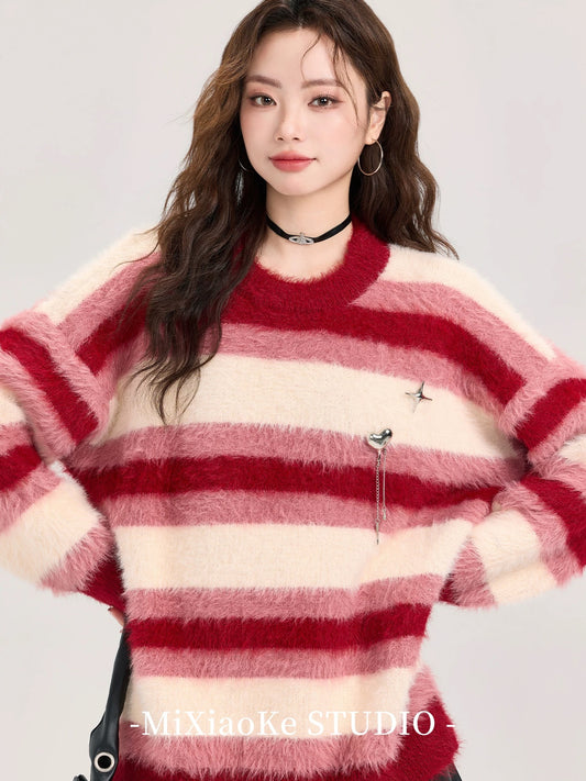 Mi Xiaoke's Christmas outfit: Red striped faux mink sweater, women's autumn and winter style, loose knit top