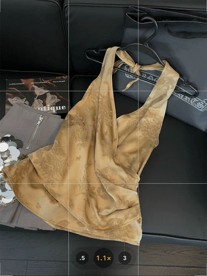 Retro jacquard halter neck camisole female temperament socialite hottie style 2025 summer new strappy backless top