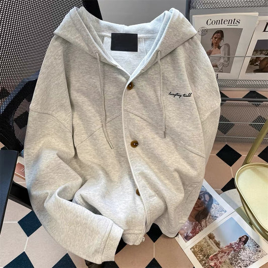 American style oversize button zipper cardigan jacket women's autumn trendy brand casual sports lazy style hooded sweatshirt