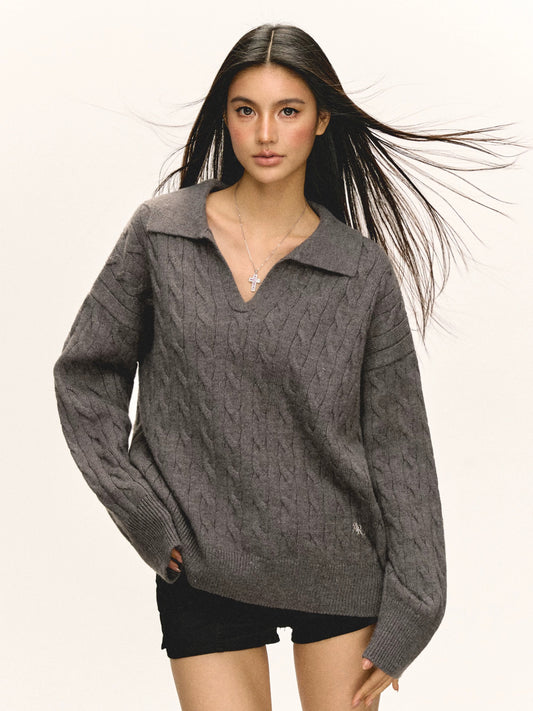Ariseism American retro Polo small v-neck cable loose sweater women's autumn and winter new style