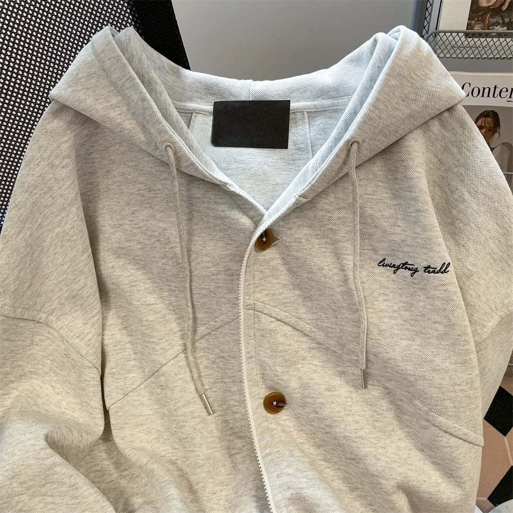 American style oversize button zipper cardigan jacket women's autumn trendy brand casual sports lazy style hooded sweatshirt