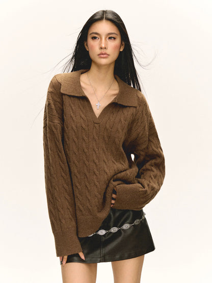 Ariseism American retro Polo small v-neck cable loose sweater women's autumn and winter new style