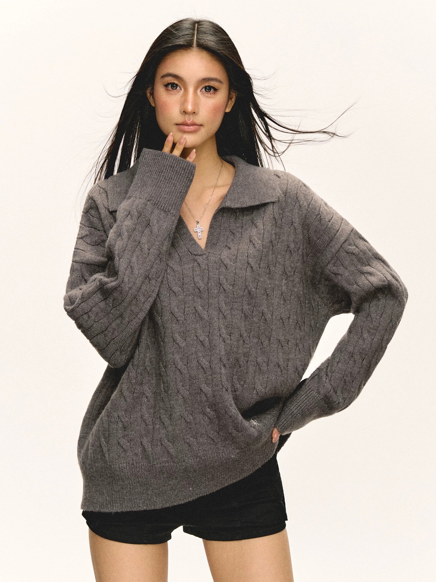 Ariseism American retro Polo small v-neck cable loose sweater women's autumn and winter new style