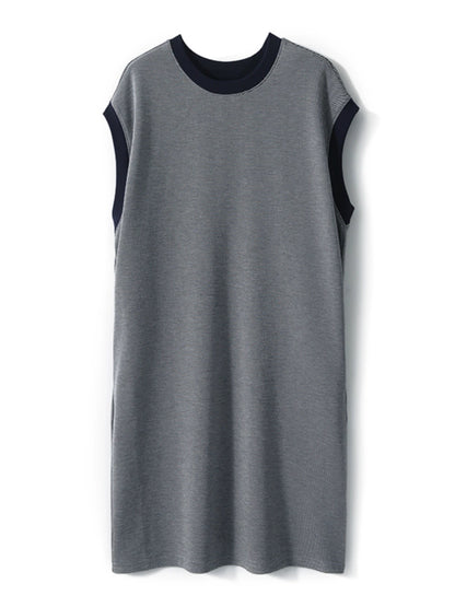 [QZQ780501MG] Xiaohange Lazy Style Sleeveless Gray Bottom Blue Twill Round Neck Dress for Women