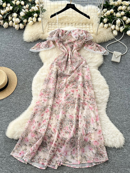 Niche resort-style fitted waist off-shoulder lace trim, ruffled floral chiffon dress, French style long skirt for women.