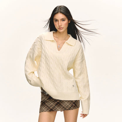 Ariseism American retro Polo small v-neck cable loose sweater women's autumn and winter new style
