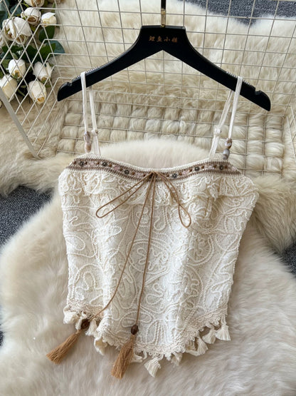 Yunnan Dali travel and vacation outfit for women: sweet tassel camisole vest with lace patchwork high-waisted skirt set