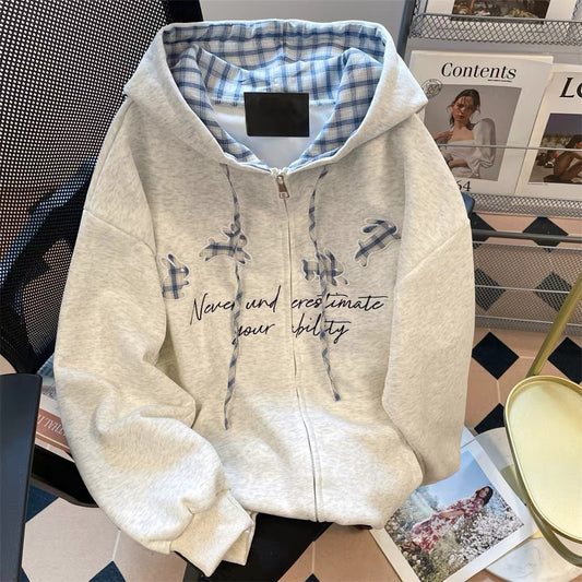 Korean plaid patchwork embroidered rabbit sweatshirt women's early autumn thin small size gray hooded cardigan jacket