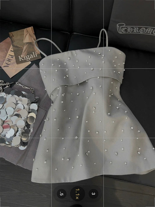 Heavy beaded camisole vest for women gray high-end 2025 summer new temperament sweet and spicy style tube top