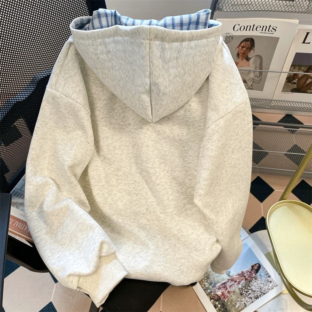 Korean plaid patchwork embroidered rabbit sweatshirt women's early autumn thin small size gray hooded cardigan jacket