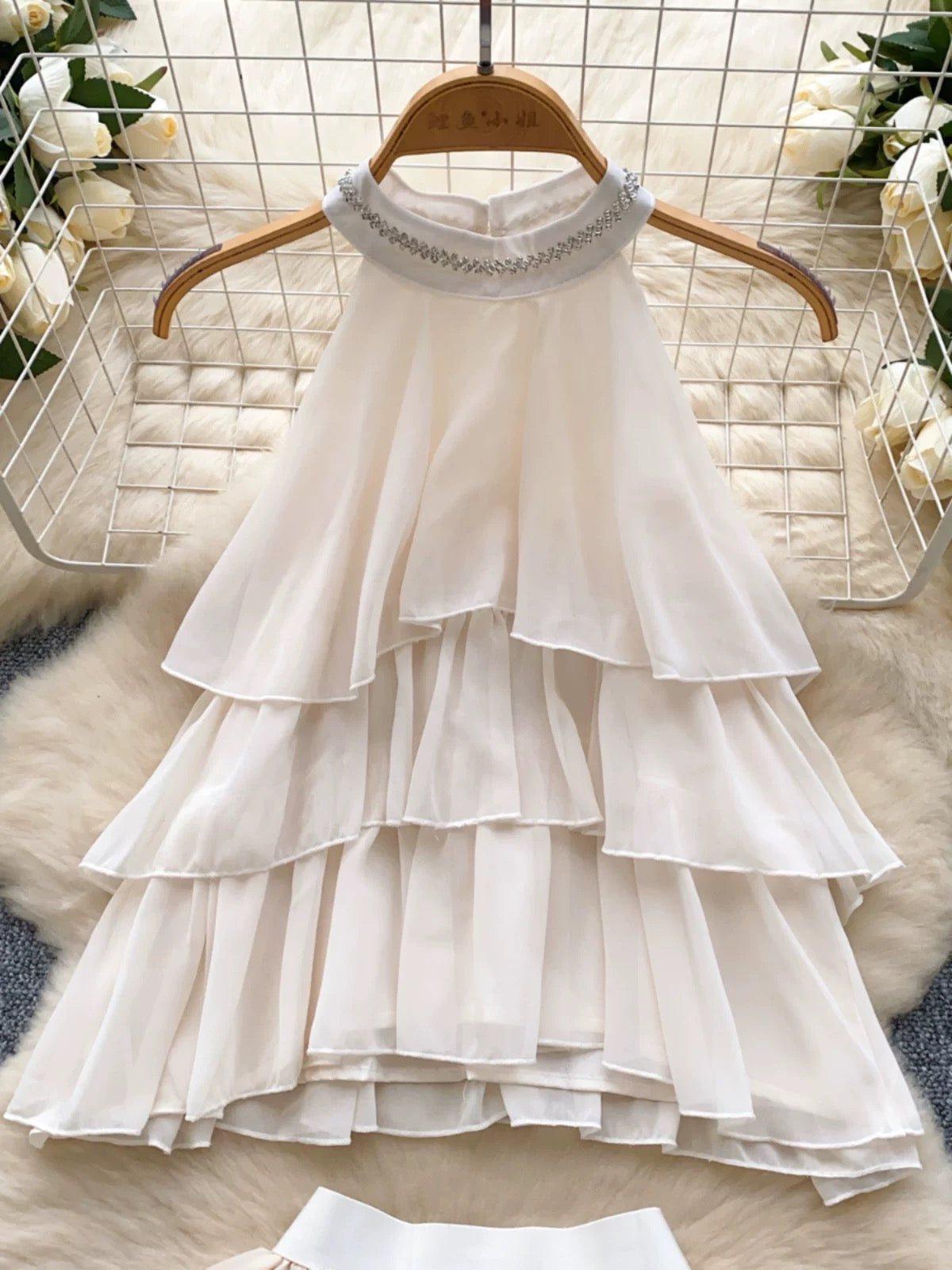 Rich Heiress Style Suit: Pure and alluring beaded halter neck sleeveless chiffon top with ruffles + high-waisted tulip shorts