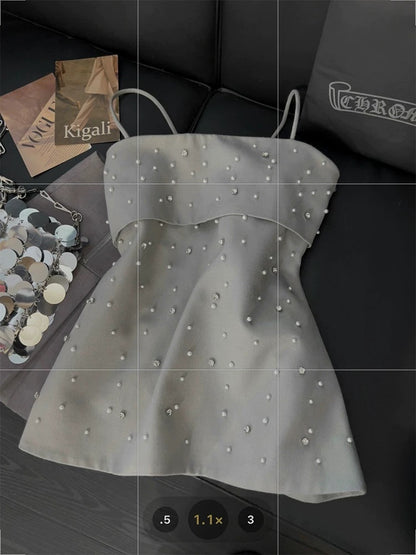 Heavy beaded camisole vest for women gray high-end 2025 summer new temperament sweet and spicy style tube top