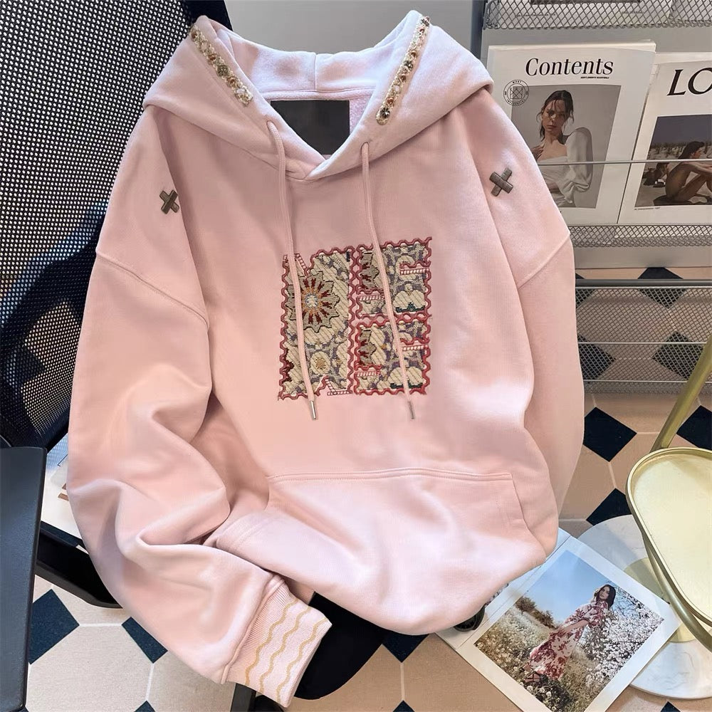 American retro heavy patch embroidery hooded sweatshirt women 2025 early autumn new trend brand hiphop jacket top