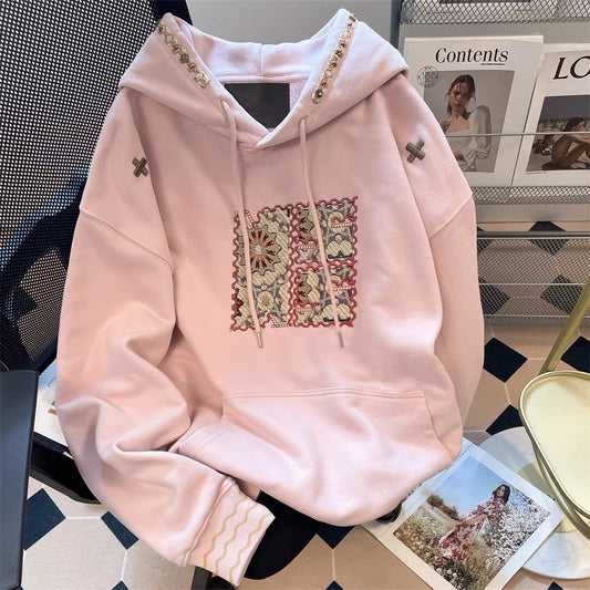 American retro heavy patch embroidery hooded sweatshirt women 2025 early autumn new trend brand hiphop jacket top
