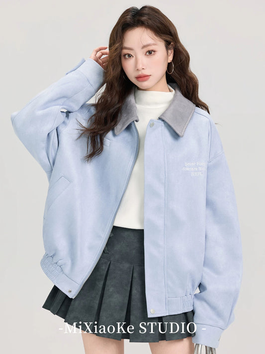 Mi Xiaoke Suede College Style Collared Blue Short Jacket Women's Spring and Autumn Jacket Top Loose Outerwear Cardigan