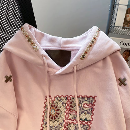American retro heavy patch embroidery hooded sweatshirt women 2025 early autumn new trend brand hiphop jacket top