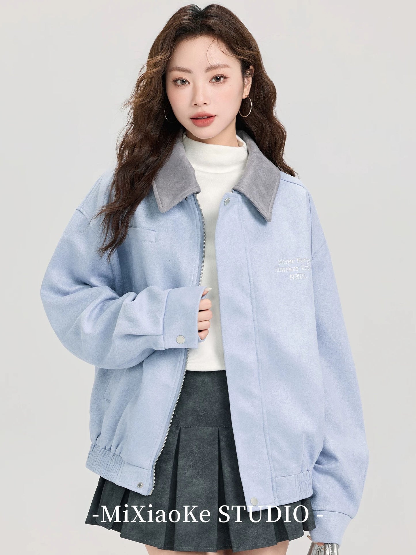 Mi Xiaoke Suede College Style Collared Blue Short Jacket Women's Spring and Autumn Jacket Top Loose Outerwear Cardigan