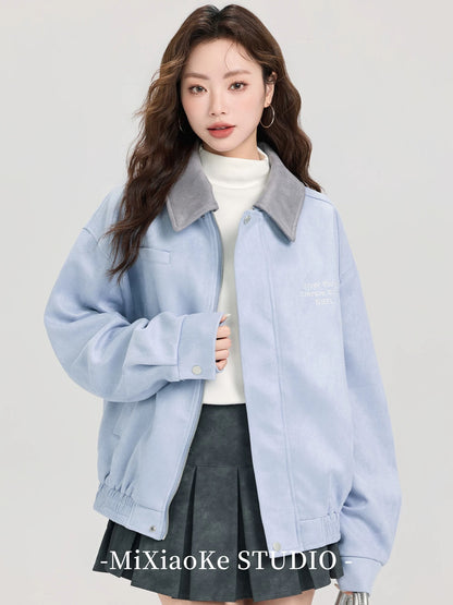 Mi Xiaoke Suede College Style Collared Blue Short Jacket Women's Spring and Autumn Jacket Top Loose Outerwear Cardigan