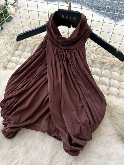 French-style sexy halter neck sleeveless top, high-waisted, heavily embellished with rhinestones, and flowing skirt set.