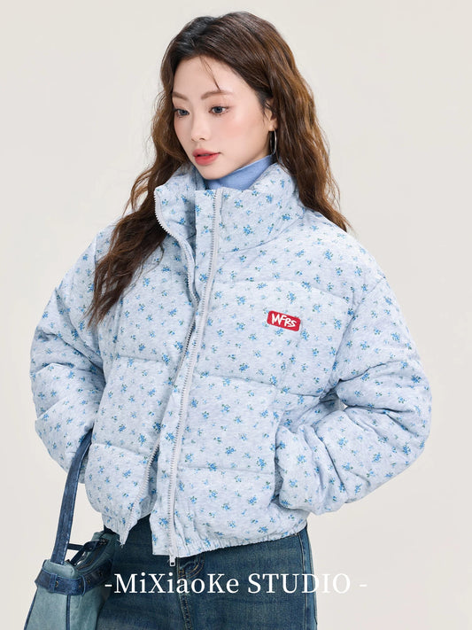 Mi Xiaoke Blue Floral Stand Collar Short Cotton-padded Jacket Women's Winter Thickened Cotton-padded Coat Petite Puff Coat