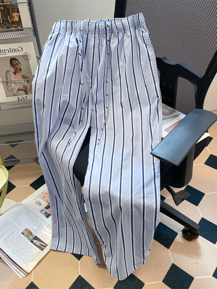 Design niche blue striped casual wide-leg trousers for men and women in summer, small size, home wear, slim walking pants
