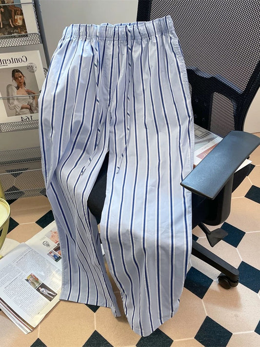 Design niche blue striped casual wide-leg trousers for men and women in summer, small size, home wear, slim walking pants