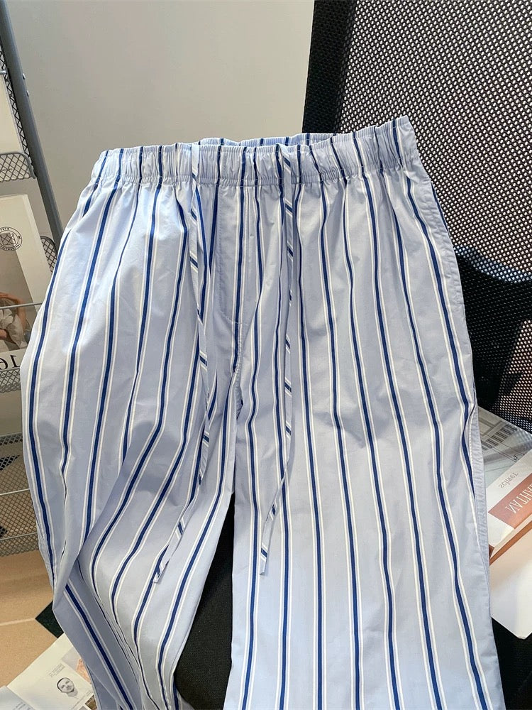 Design niche blue striped casual wide-leg trousers for men and women in summer, small size, home wear, slim walking pants