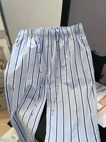 Design niche blue striped casual wide-leg trousers for men and women in summer, small size, home wear, slim walking pants