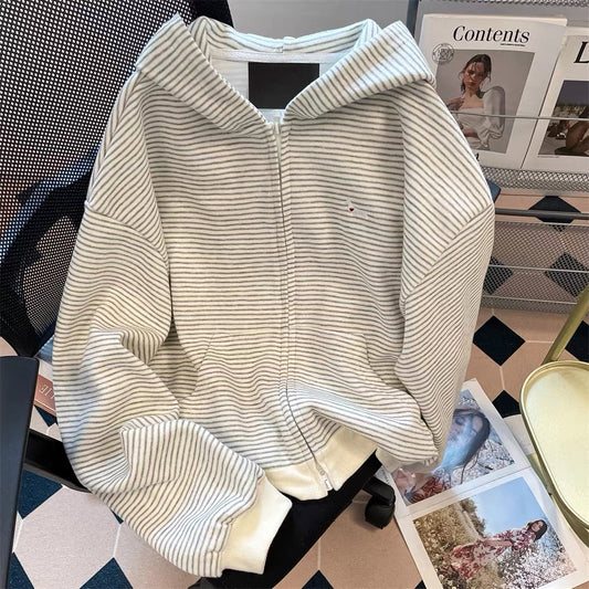 Korean style atmosphere wear embroidered striped sweatshirt cardigan women's early autumn loose casual hooded long-sleeved jacket top