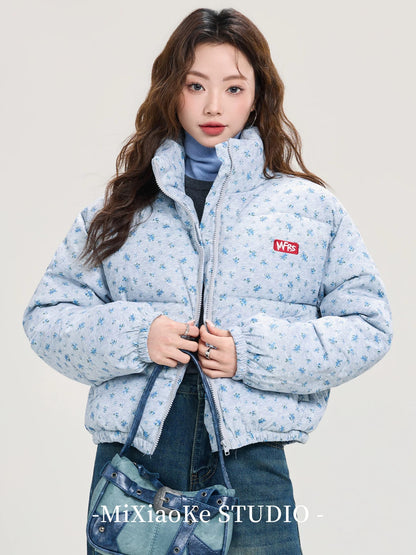 Mi Xiaoke Blue Floral Stand Collar Short Cotton-padded Jacket Women's Winter Thickened Cotton-padded Coat Petite Puff Coat