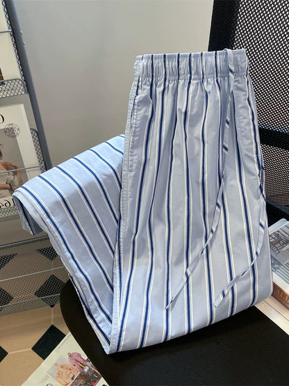 Design niche blue striped casual wide-leg trousers for men and women in summer, small size, home wear, slim walking pants