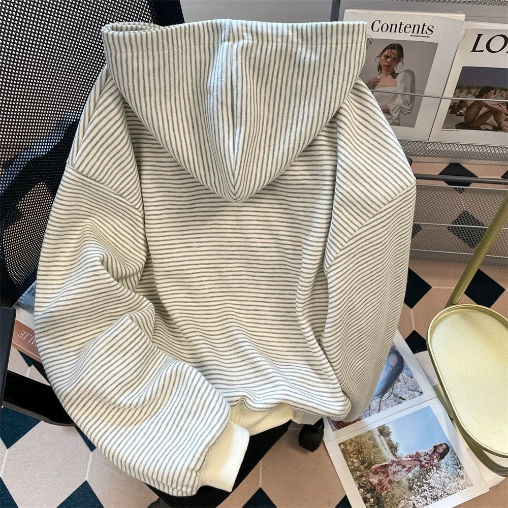 Korean style atmosphere wear embroidered striped sweatshirt cardigan women's early autumn loose casual hooded long-sleeved jacket top