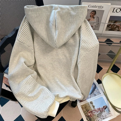 Korean style atmosphere wear embroidered striped sweatshirt cardigan women's early autumn loose casual hooded long-sleeved jacket top