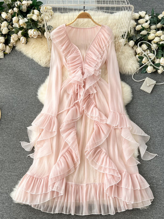 French-style resort-inspired shawl cardigan, spring women's design, ruffled hem, slim fit, long bell sleeve chiffon blouse