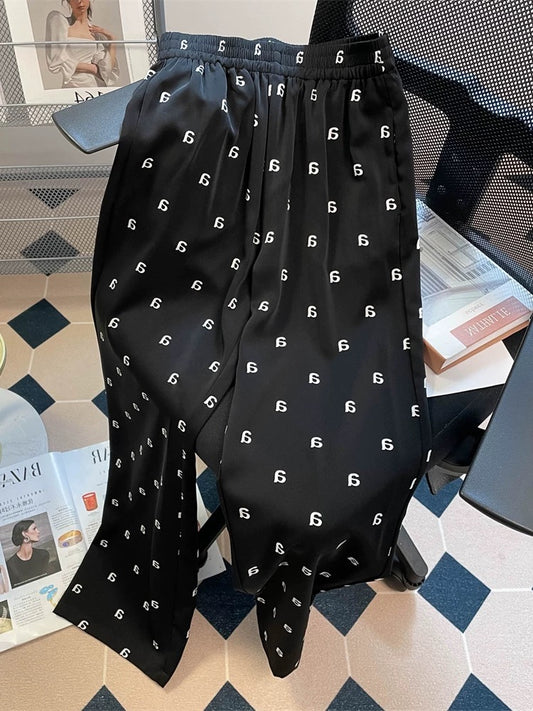 American high street retro letter print ice silk cool pants men and women summer straight wide leg casual drape long pants