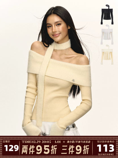 Ariseism American retro design one-shoulder long-sleeved sweater for women in autumn and winter new inner layering top