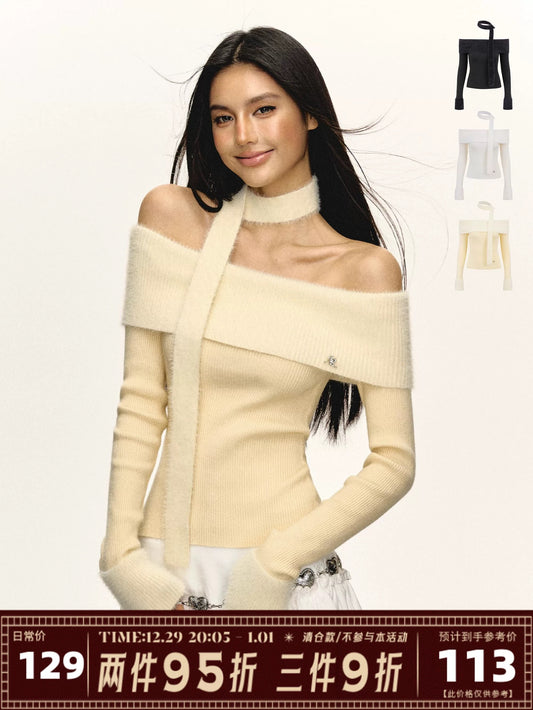 Ariseism American retro design one-shoulder long-sleeved sweater for women in autumn and winter new inner layering top
