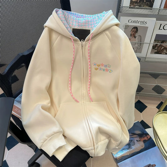 Japanese cute embroidered plaid patchwork hooded sweatshirt female autumn sweet petite unique top coat cardigan