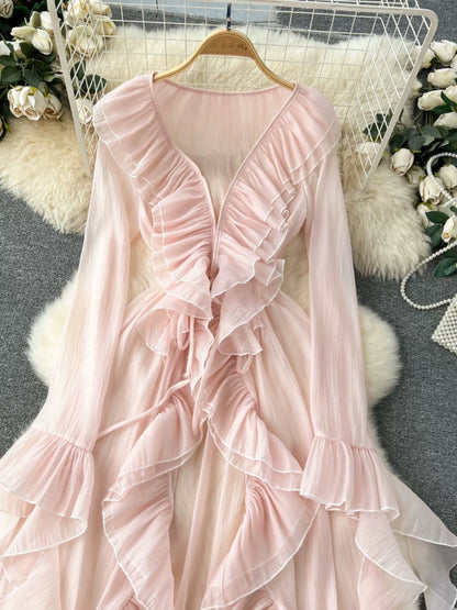 French-style resort-inspired shawl cardigan, spring women's design, ruffled hem, slim fit, long bell sleeve chiffon blouse