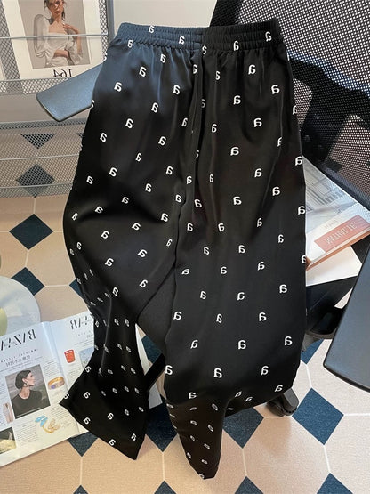 American high street retro letter print ice silk cool pants men and women summer straight wide leg casual drape long pants